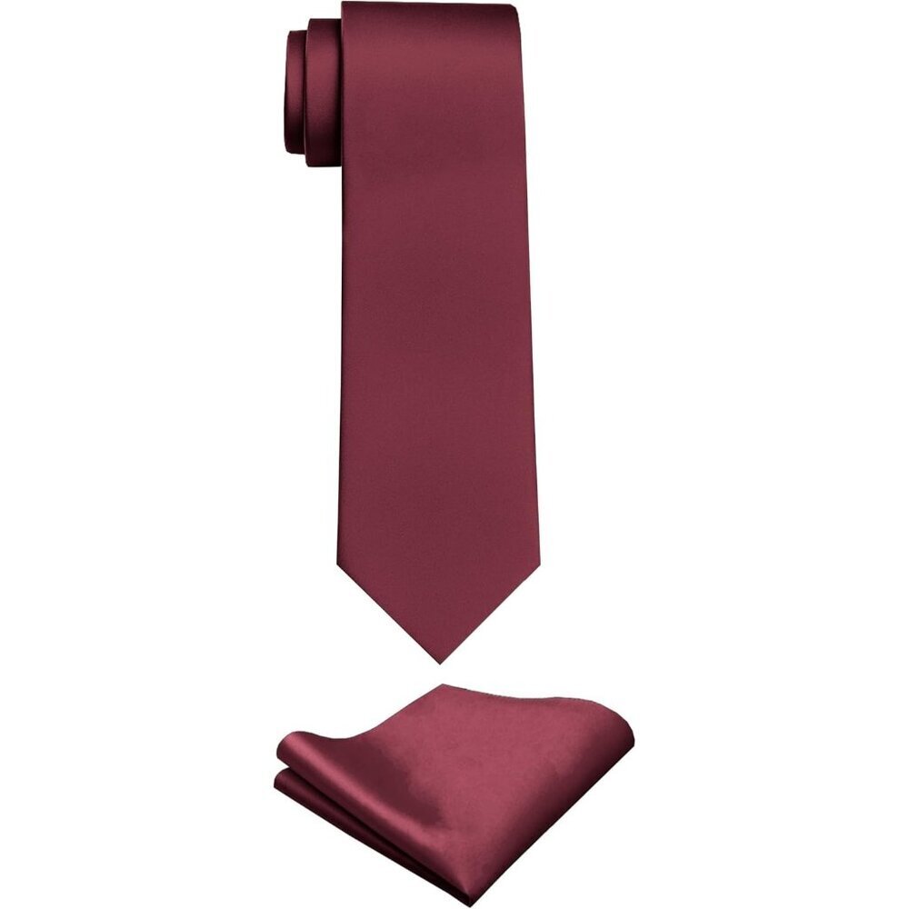 Men's Burgundy Solid Color Imported Formal Neck Ties And Pocket Square Sets